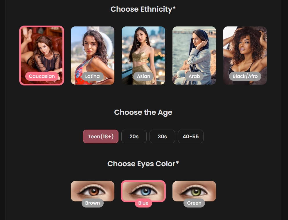 Candy.ai character creation screen with ethnicity, age, and eye color options
