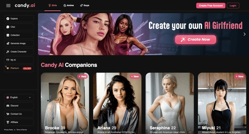 Candy.ai dashboard showing AI companion profiles and chat options