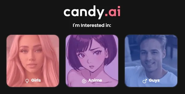 Candy.ai selection screen with Girls, Anime, and Guys options