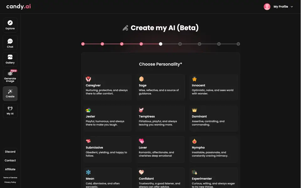 Candy.ai AI creation screen showing personality selection options