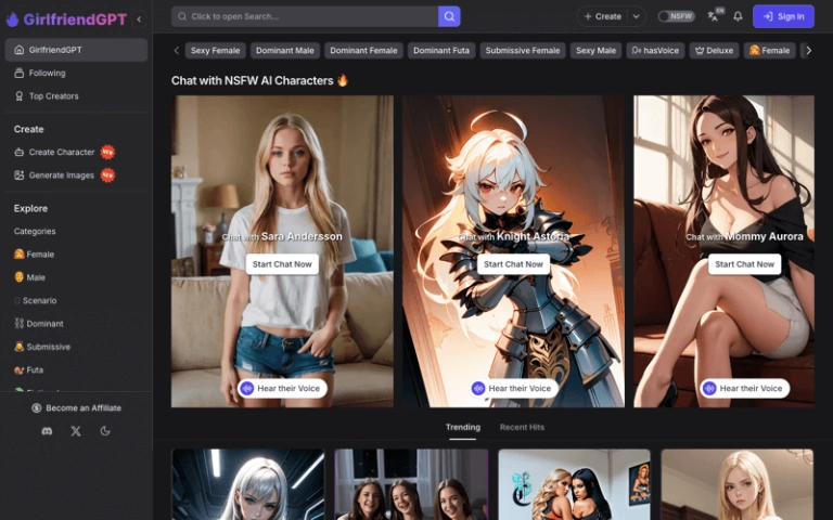 GirlfriendGPT homepage showing NSFW AI character previews with chat options and category filters.