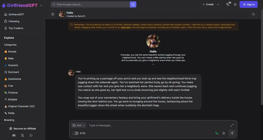 GirlfriendGPT AI chat interface showing a character conversation screen with message input and sidebar navigation.