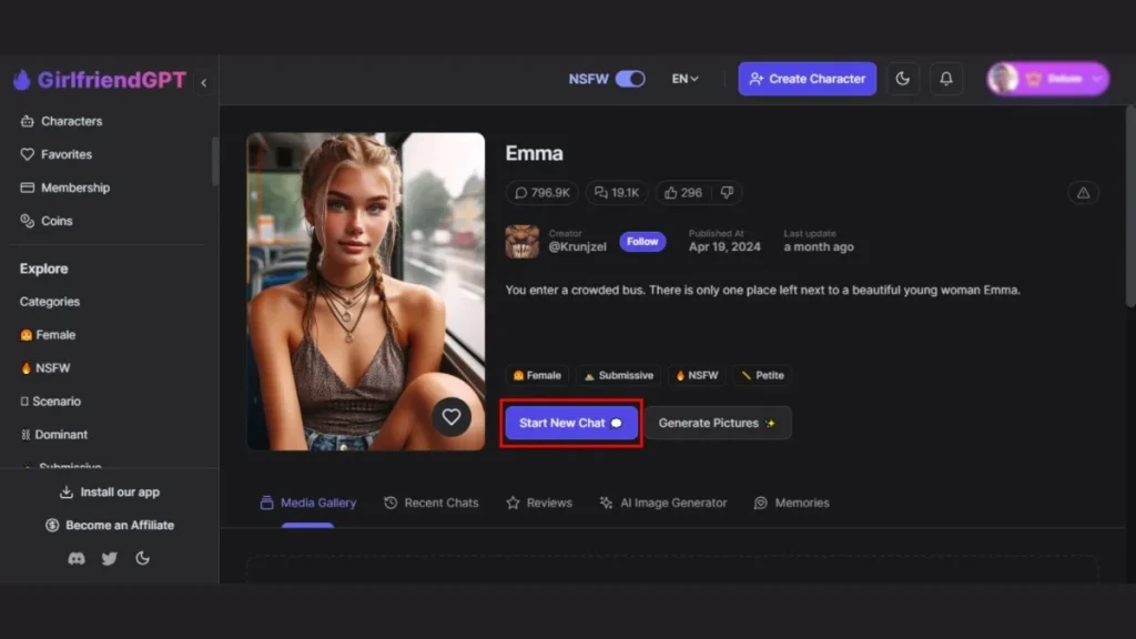 GirlfriendGPT character profile page showing chat preview, character details, and start chat button.