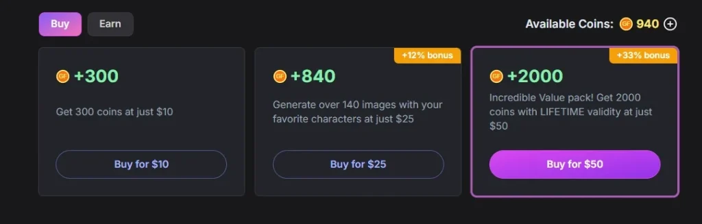 GirlfriendGPT coin purchase page showing coin packages with prices and bonus offers.