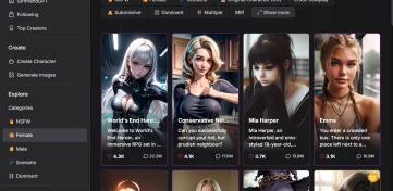 GirlfriendGPT interface showing AI character profiles and category filters
