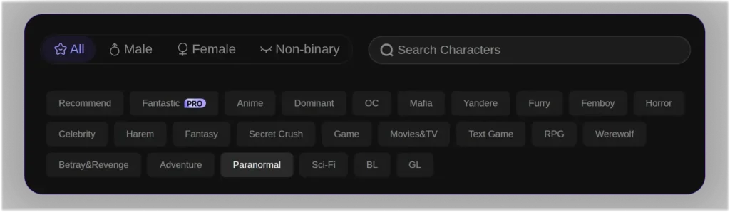 GirlfriendGPT character filter interface showing gender selection options and category tags.