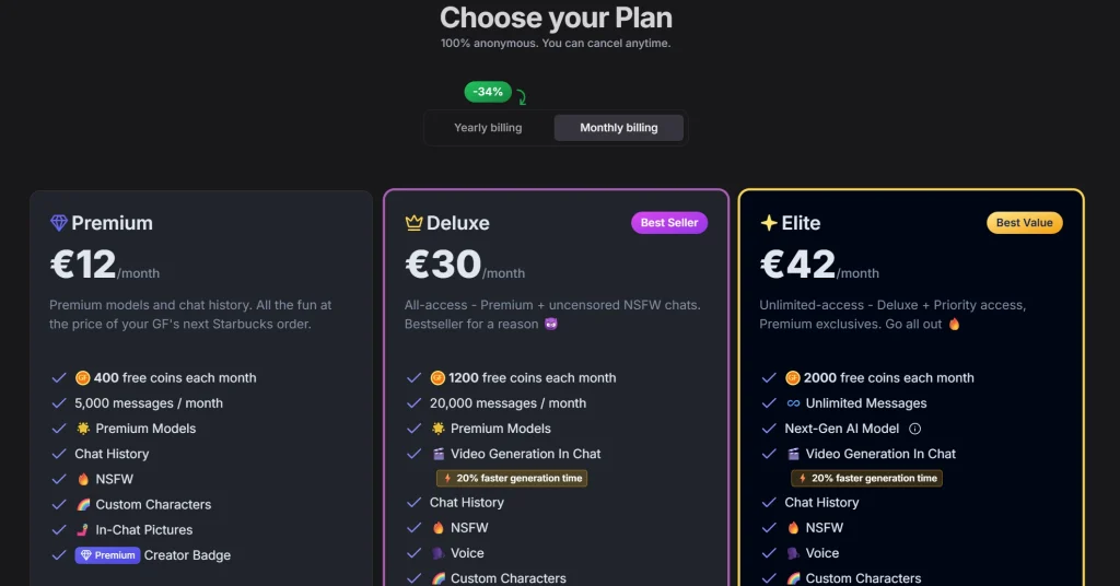 GirlfriendGPT pricing plans page showing Premium, Deluxe, and Elite subscription options with monthly prices.