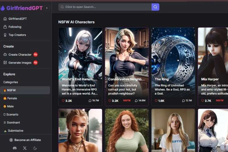 GirlfriendGPT roleplay character selection page showing NSFW AI characters with preview cards and categories.