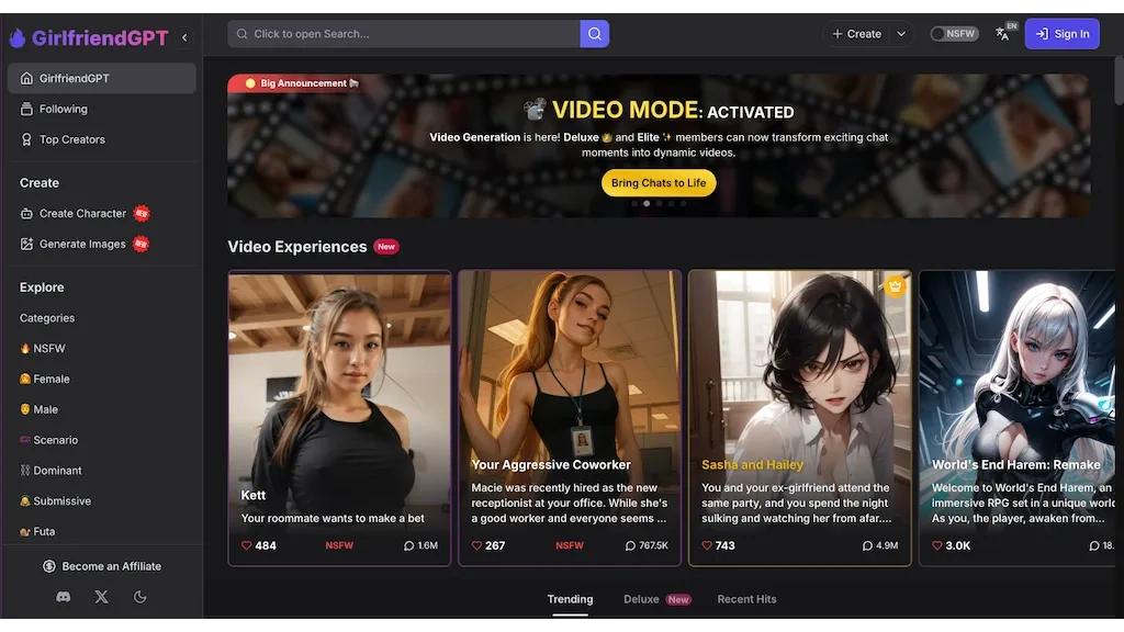 GirlfriendGPT video mode page showing AI character video experiences and generation options.