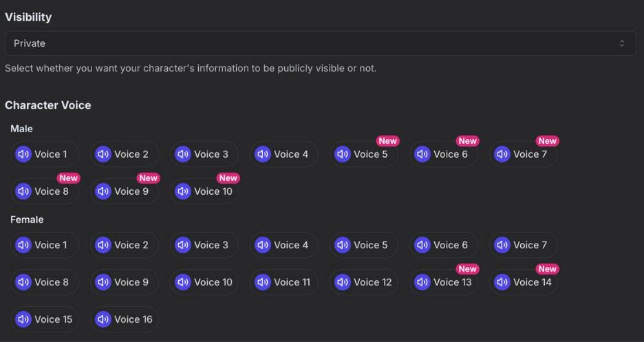 GirlfriendGPT voice selection settings showing male and female character voice options.