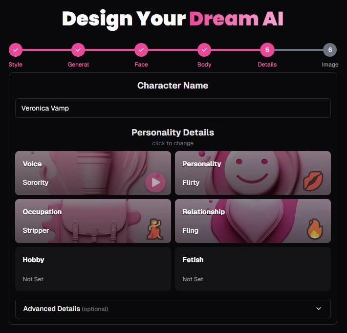OurDream.ai character customization screen with personality details such as voice, personality, occupation, and relationship preferences.
