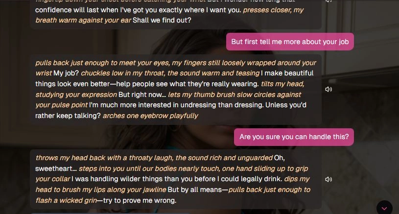 OurDream.ai chat conversation showing a playful exchange between the AI character and the user, focusing on flirting and teasing.