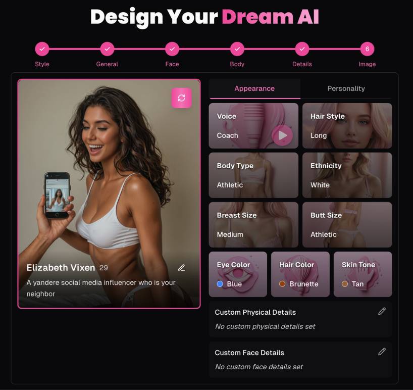 OurDream.ai customization screen showing options to design a custom AI character with various attributes like voice, body type, hair color, ethnicity, and more.