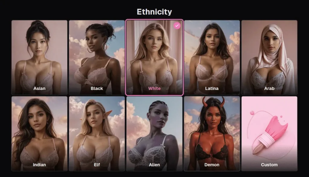 OurDream.ai ethnicity selection screen showing various AI character options: Asian, Black, White, Latina, Arab, Indian, Elf, Alien, Demon, and Custom.