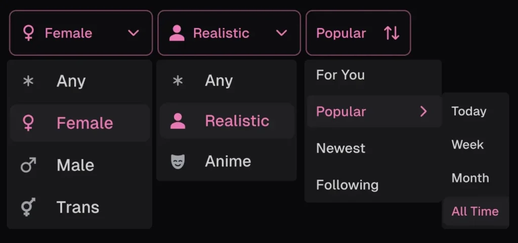OurDream.ai filter options with categories: Female, Realistic, Popular, and more, including sorting options for Today, Week, Month, and All Time.