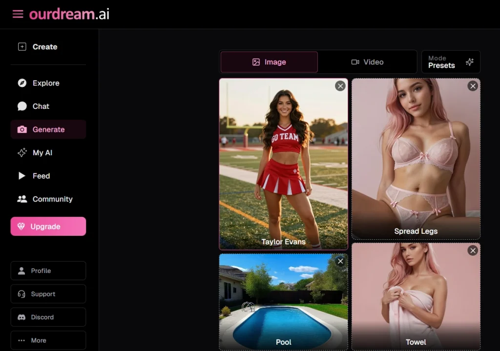 OurDream.ai generate page showing image creation interface with character preview, preset poses, and image video toggle options.