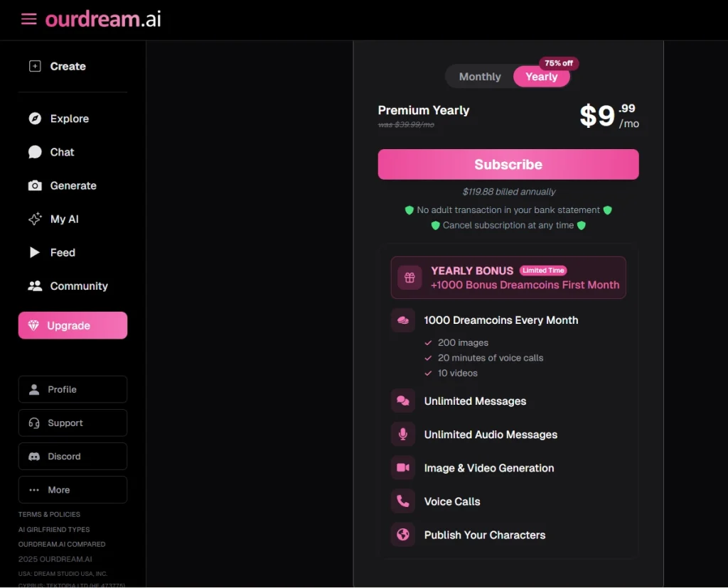OurDream.ai premium pricing page showing yearly subscription plan with 75 percent discount and included features.