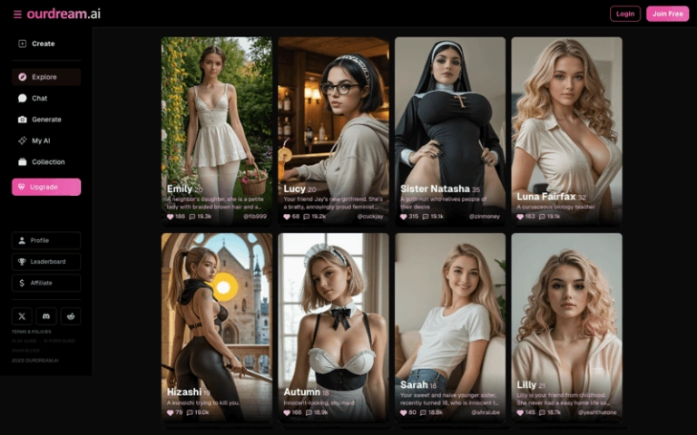 OurDream.ai explore page showing multiple AI character profiles in a grid layout with images, ages, likes, and navigation menu.