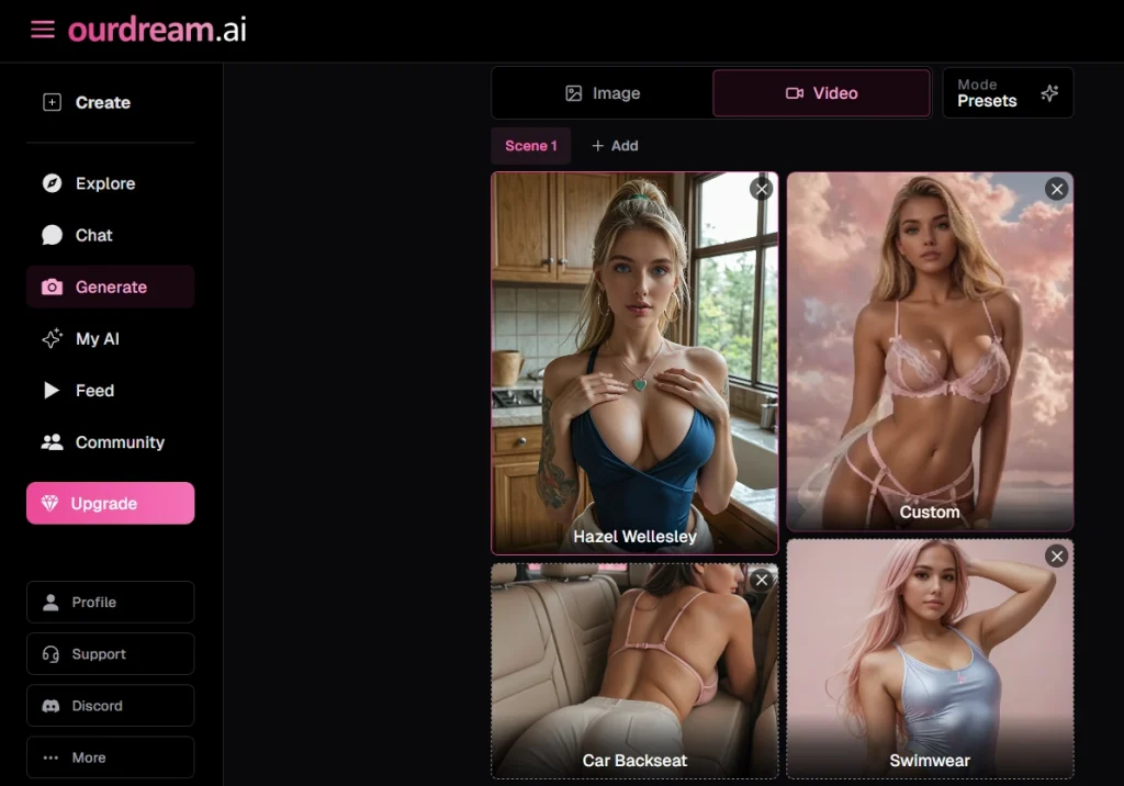 OurDream.ai video generation interface showing video mode, scene selection, and character preview options.