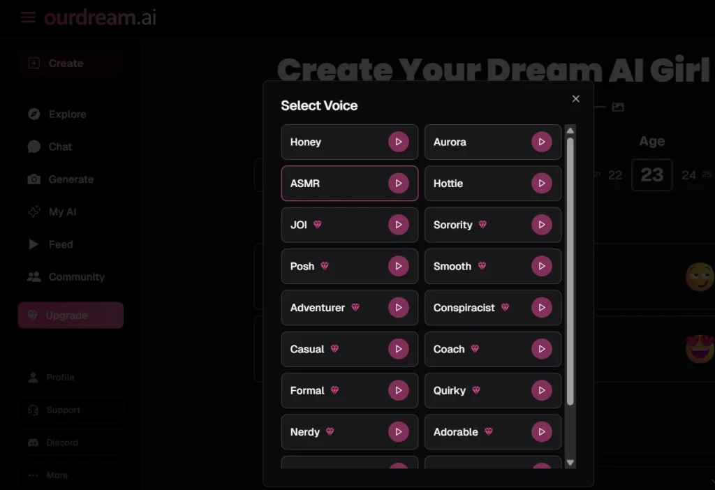 "OurDream.ai voice selection screen showing multiple AI voice types including ASMR, Honey, Aurora, JOI, Smooth, Coach, and more.