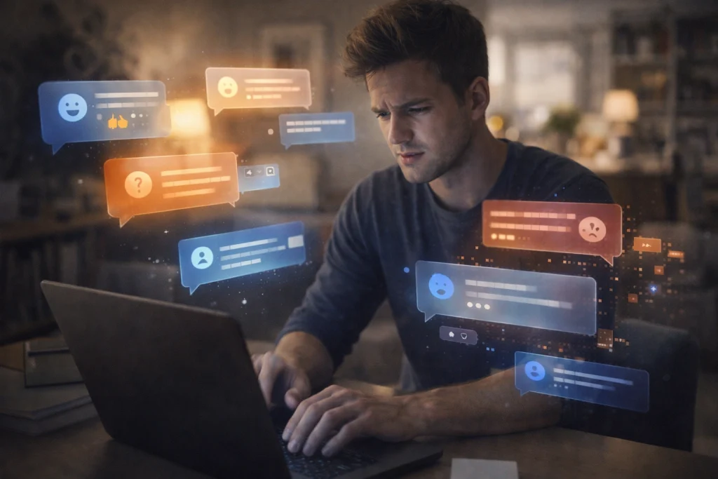 AI Girlfriend Memory man using laptop surrounded by floating digital chat bubbles and reactions.