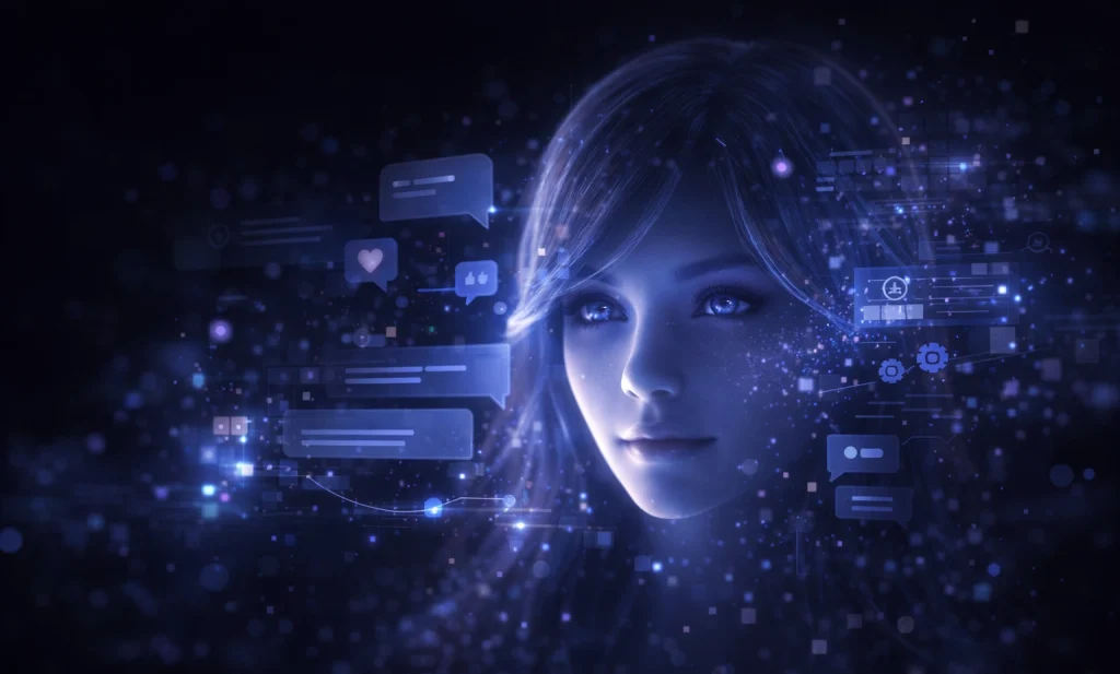 Do AI Girlfriends Remember You digital AI female face surrounded by chat icons and data particles.