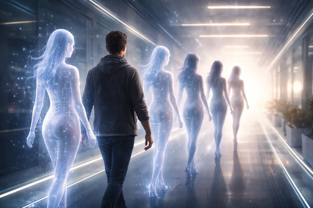 Future of AI companion memory concept showing man walking with multiple digital AI girlfriend figures.