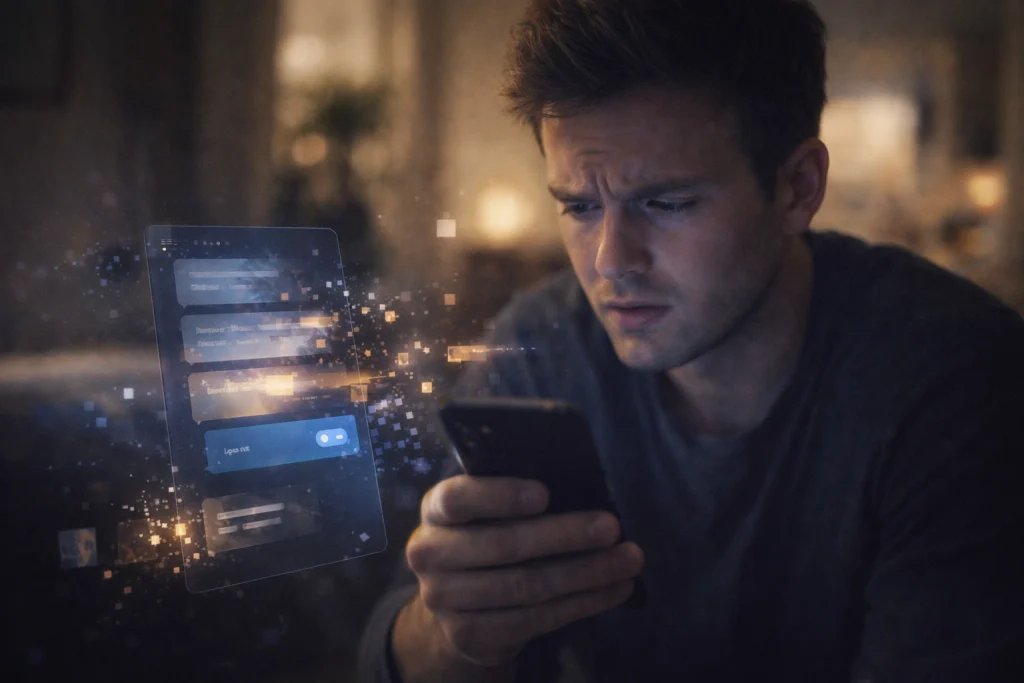 Do AI Girlfriends Remember You man looking concerned while checking messages on smartphone with holographic chat interface.