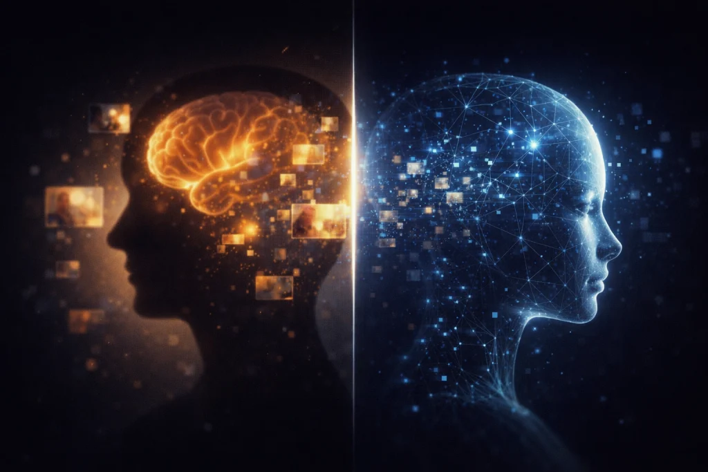 AI girlfriend memory simulation human brain and digital neural network face comparison.