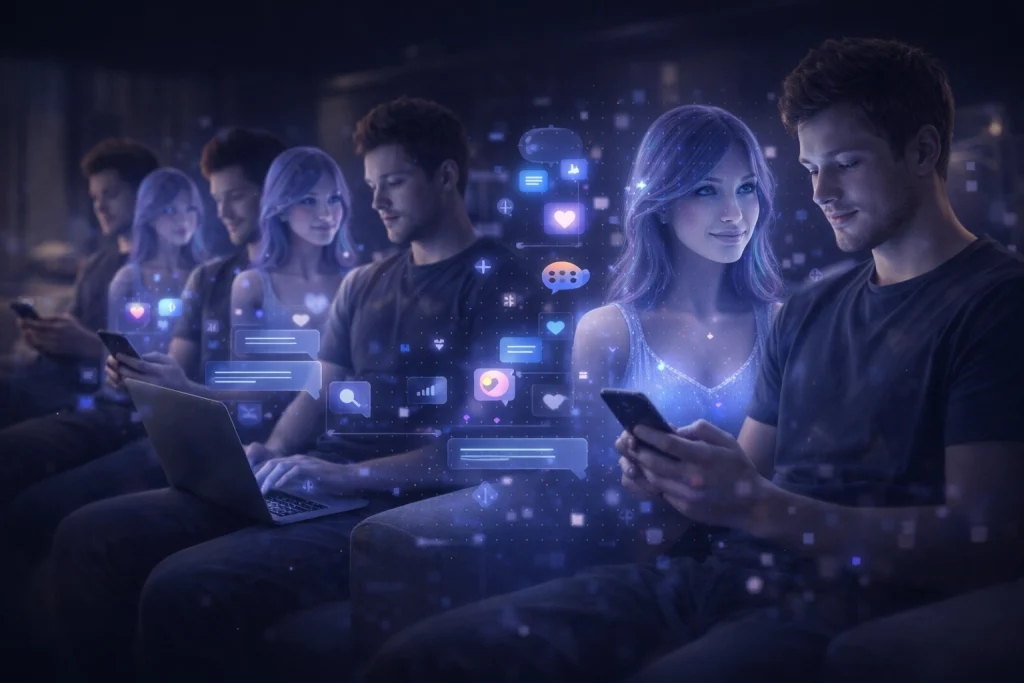 Do AI Girlfriends Remember You man using smartphone with holographic AI girlfriend and floating chat icons.