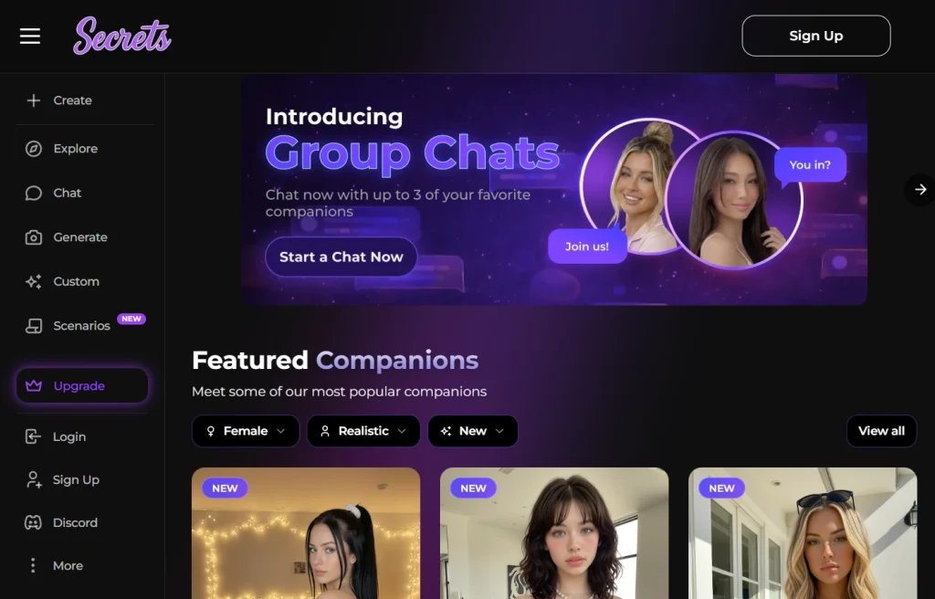 Secrets AI dashboard interface showing group chats feature banner and featured AI companion profiles grid.