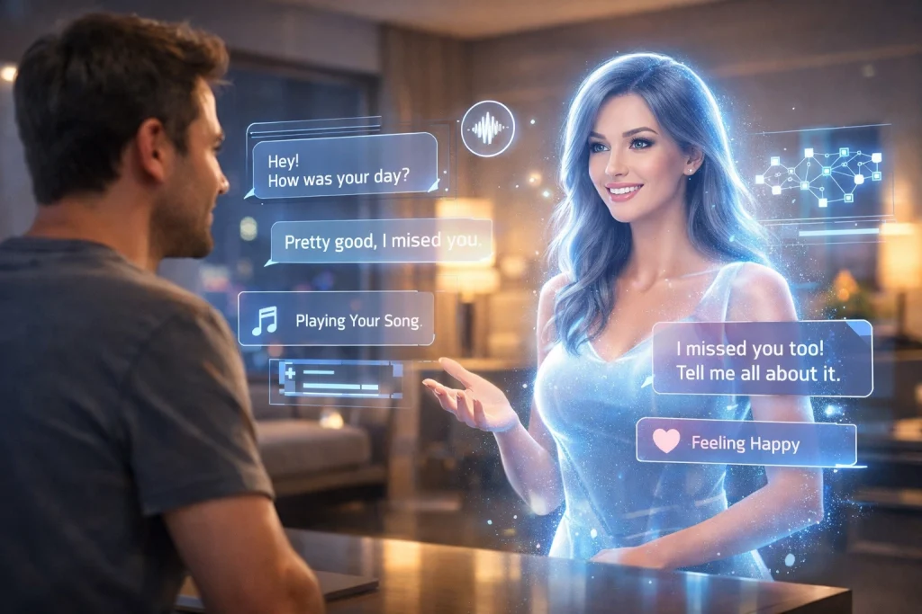 man talking with holographic AI girlfriend through chat interface in a modern home environment
