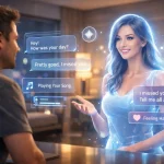 man talking with holographic AI girlfriend through chat interface in a modern home environment