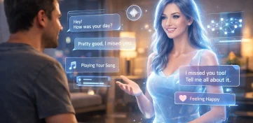 man talking with holographic AI girlfriend through chat interface in a modern home environment
