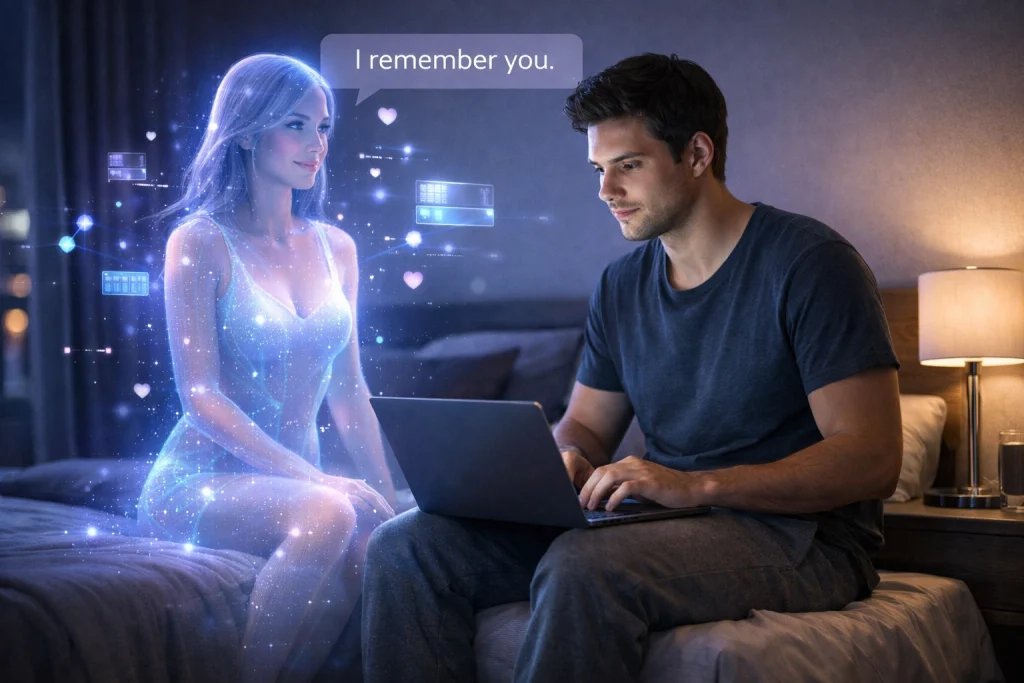 Do AI Girlfriends Remember You man using laptop next to holographic AI companion.