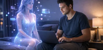 Do AI Girlfriends Remember You man using laptop next to holographic AI companion.