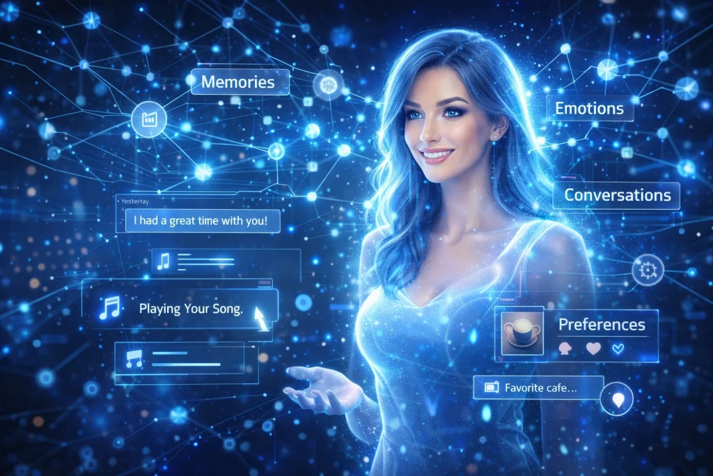 AI girlfriend memory system interface showing conversations emotions and preferences.