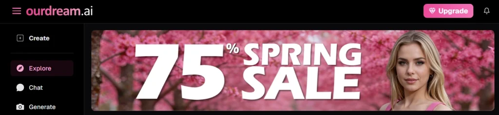 AI girlfriend platform interface with AI chat image generation and customization tools.