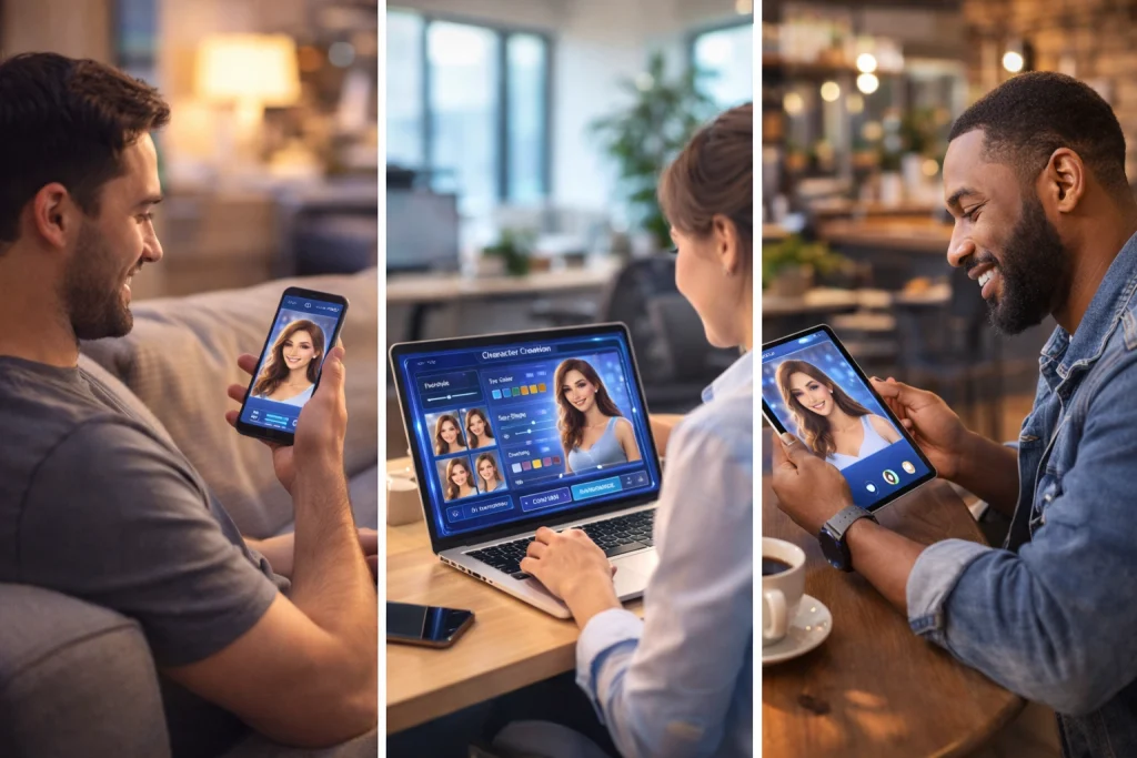 People using AI girlfriend apps on smartphones and laptops.
