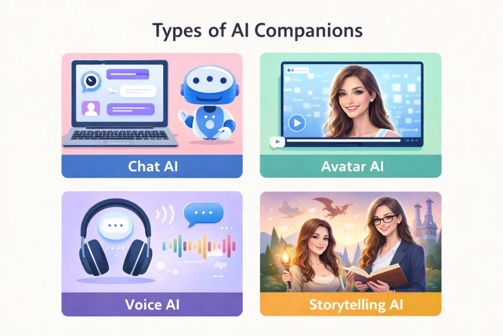 Types of AI companions including chat AI avatar AI voice AI and storytelling AI.