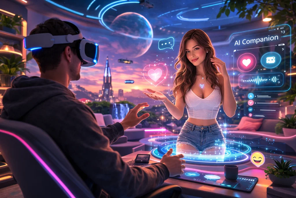 Man interacting with a holographic AI girlfriend companion in a futuristic virtual reality environment.
