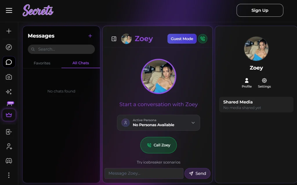 Secrets Ai chat interface preview showing conversation screen with AI companion