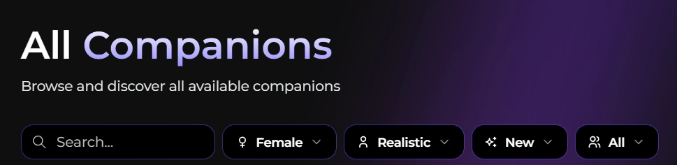 Secrets Ai filter options on all companions page showing search and category selectors.