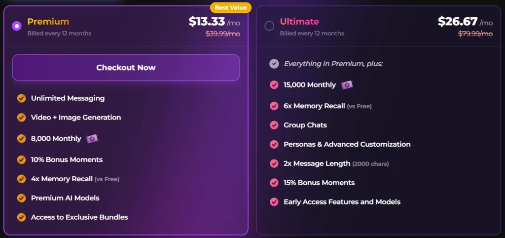 Secrets Ai pricing plans screen showing Premium and Ultimate subscription options with monthly prices and feature lists.