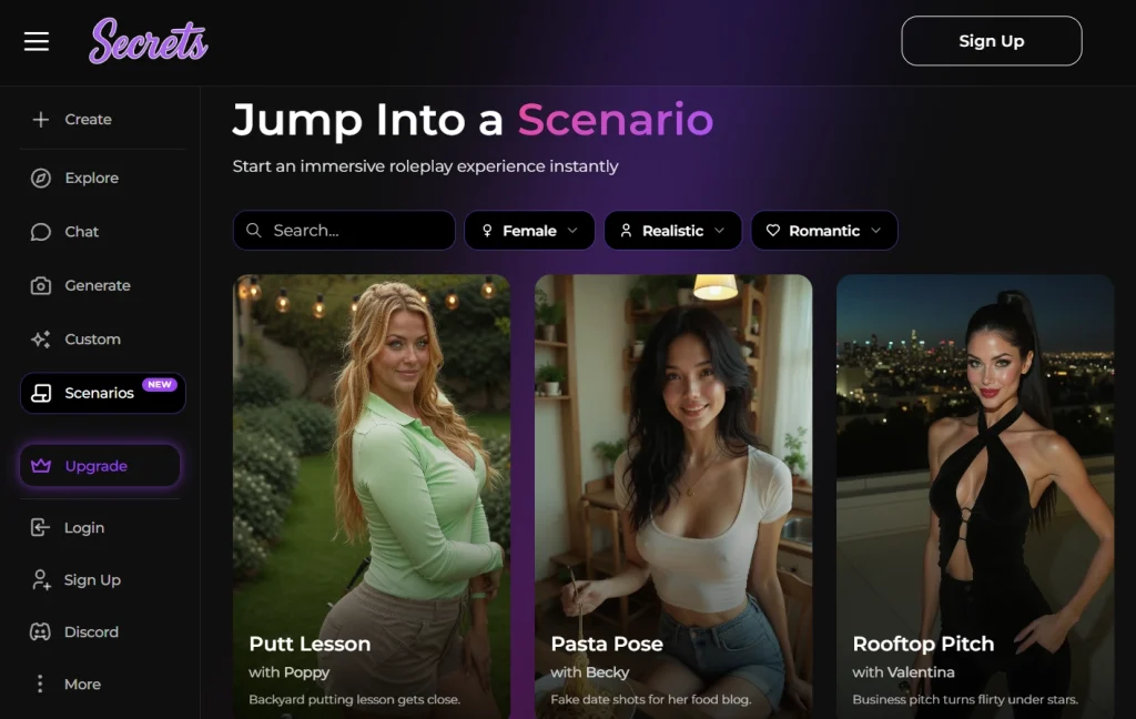 Secrets Ai scenario selection screen showing roleplay options with female AI companions.