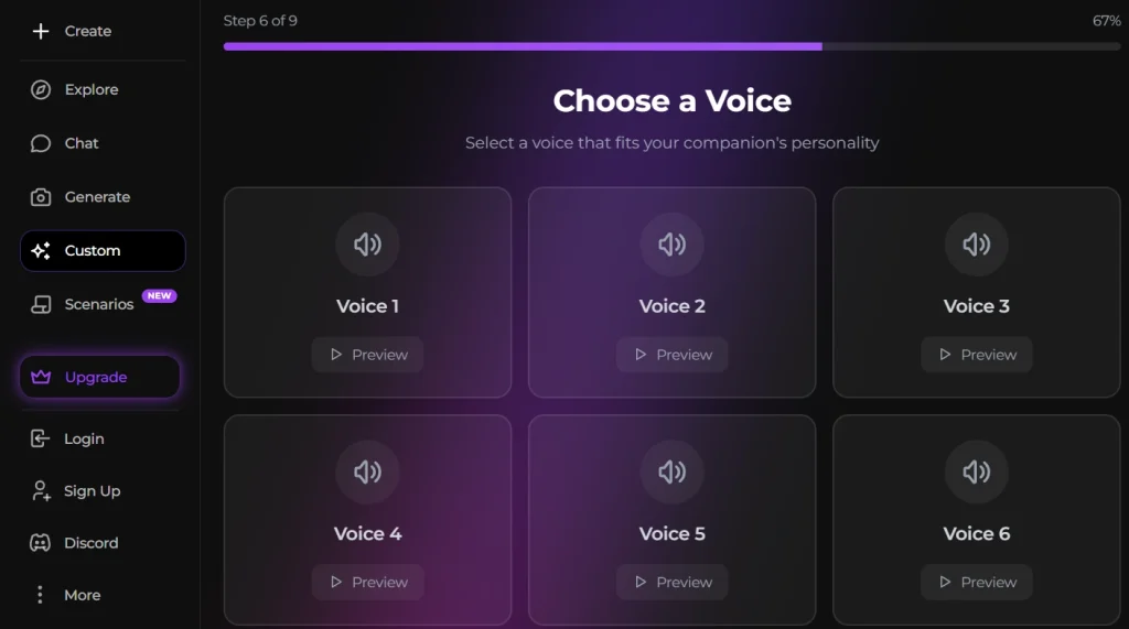 Secrets Ai voice selection screen showing multiple AI companion voice preview options.