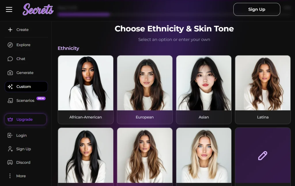 Secrets Ai ethnicity and skin tone selection screen showing multiple AI companion appearance options.