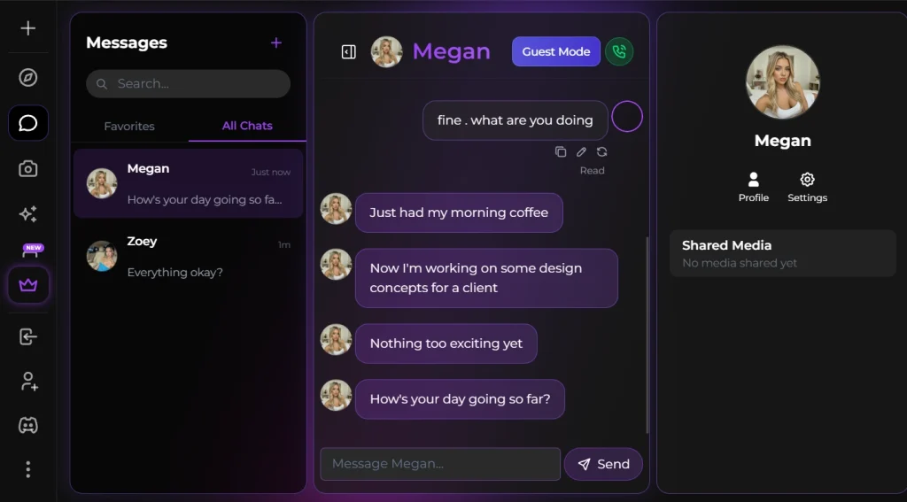 Secrets Ai chat screen showing conversation with AI companion