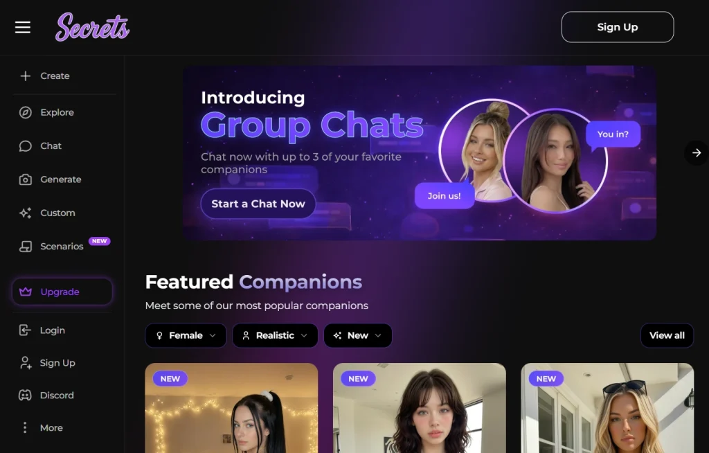 Secrets Ai platform interface showing group chat feature and featured AI companions.
