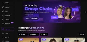 Secrets Ai platform interface showing group chat feature and featured AI companions.